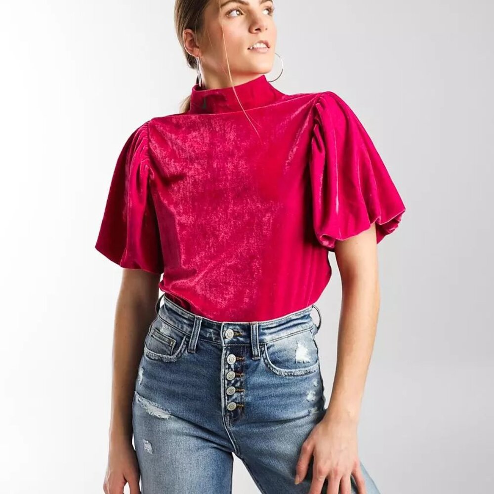 Free People Claudia Velvet Top in Hot Pink - Size S